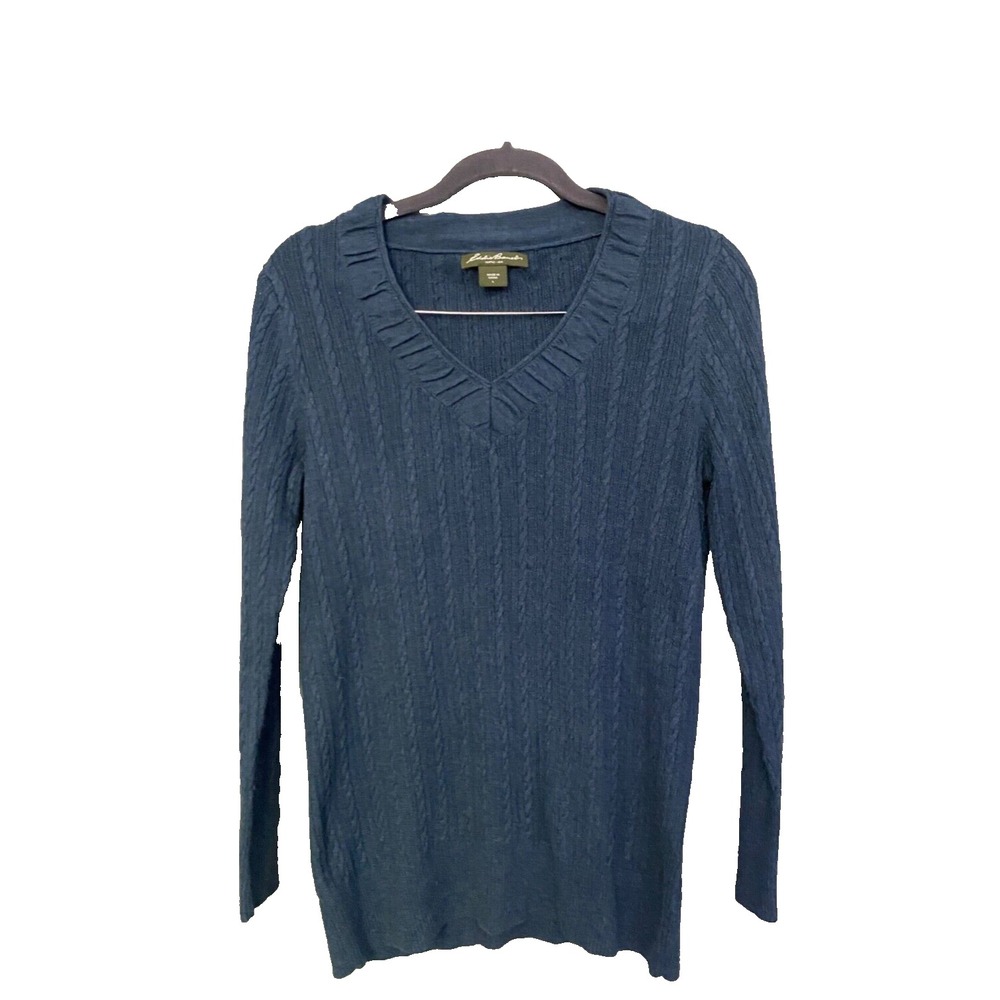 Eddie Bauer Cable Knit Sweater V Neck Long Sleeve Ribbed Hem Slate Blue Womens L